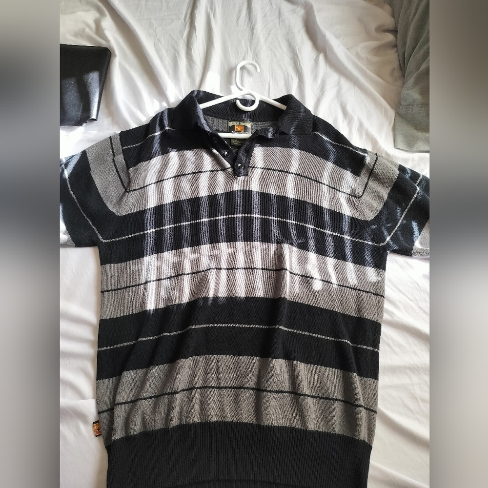 Men's Black and Gray Striped Polo Shirt